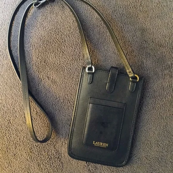 Lauren Ralph Lauren Black Leather Phone Crossbody with Gold Logo - Picture 2 of 7